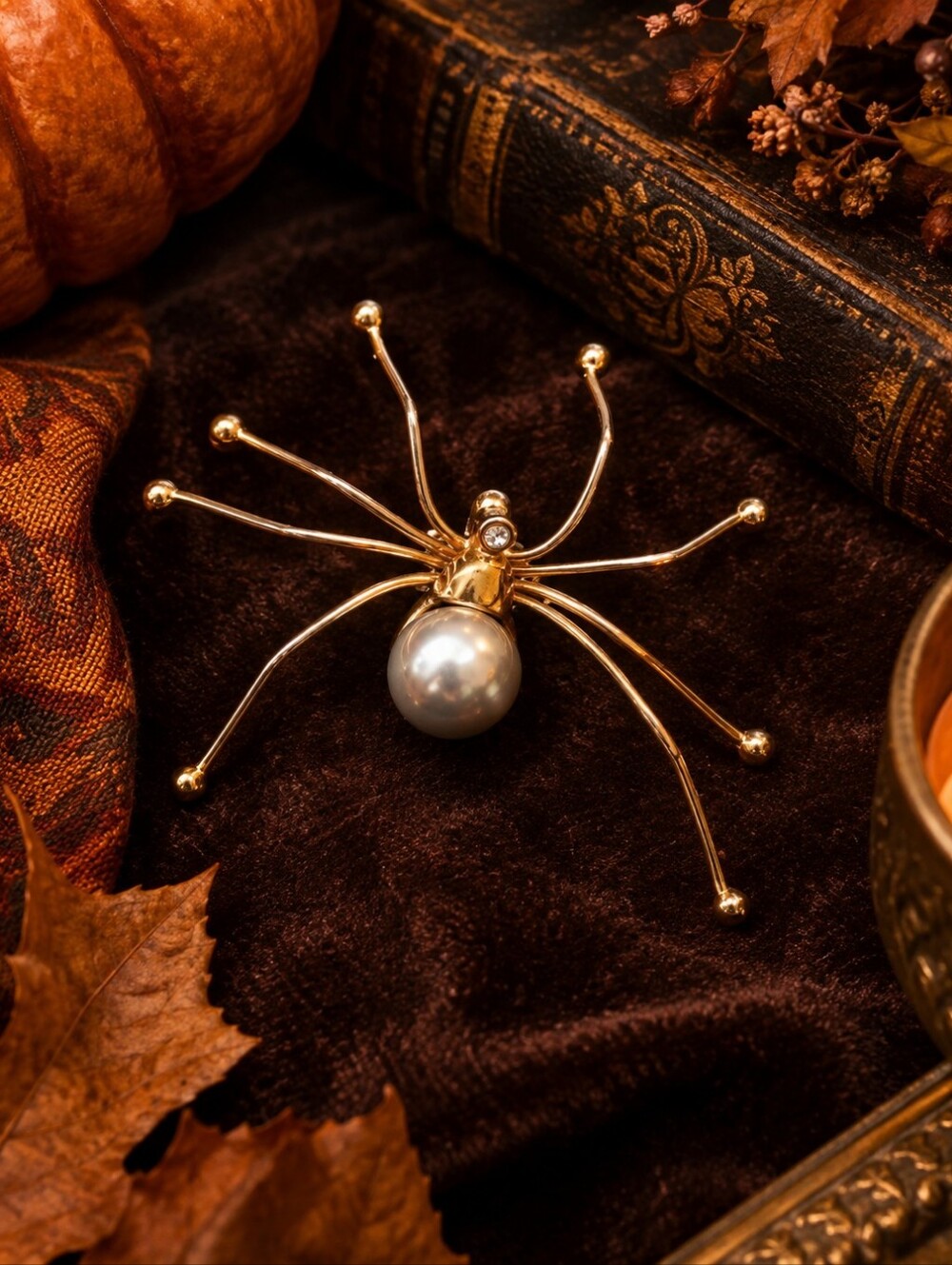 Vintage Gold Tone Daddy Long Legs Spider Brooch Pin Grey Faux Pearl 1970s